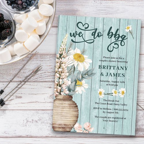 We Do Bbq Daisy and Coastal Wood Couples Shower Invitation