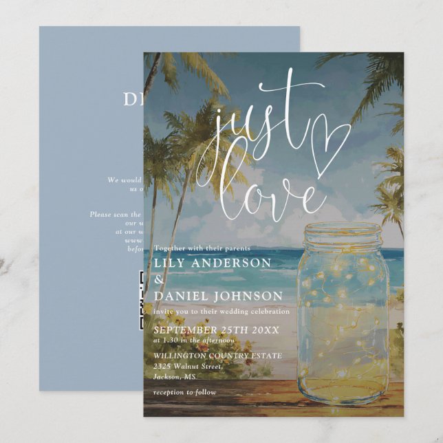 We Do Beach Palm Tree Mason Jar QR Code Wedding Invitation (Front/Back)