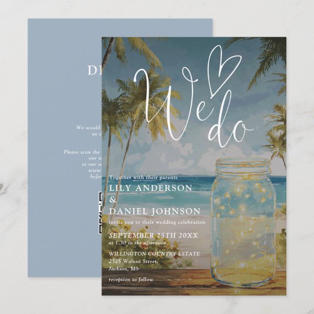 We Do Beach Palm Tree Mason Jar QR Code Wedding Invitation (Front/Back)