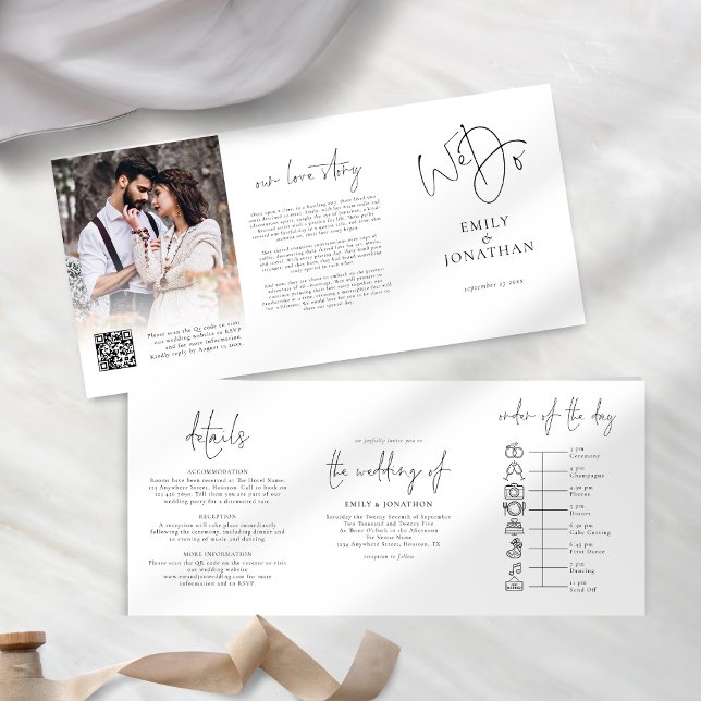  We Do Black White Photo QR Code Timeline Wedding Tri-Fold Invitation (Creator Uploaded)
