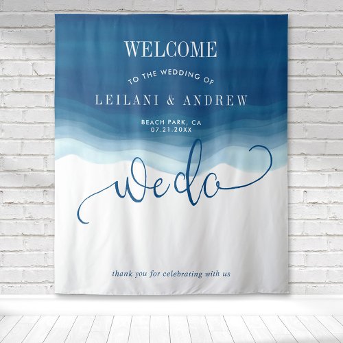 We Do Blue Ombre Watercolor Wave Wedding Tapestry