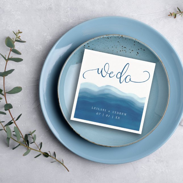 We Do Blue Watercolor Wave Wedding Napkins (Creator Uploaded)