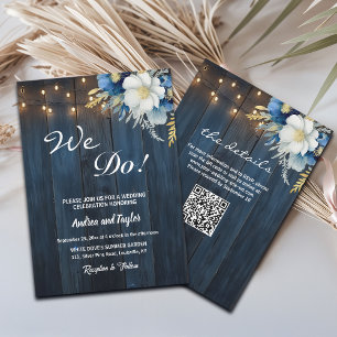 We Do! Blue Wood White Blue Floral QR Code Wedding Invitation