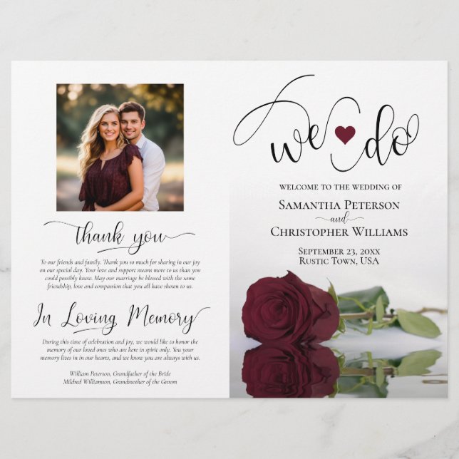 We Do! Burgundy Rose DIY Fold Wedding Program (Front)