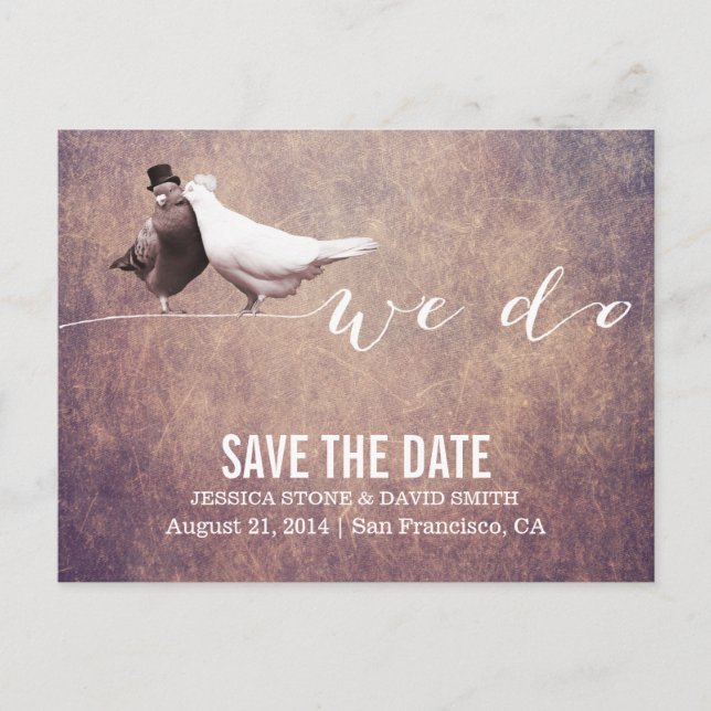 "We do" Classy Grunge Love Birds Save the Date Announcement Postcard (Front)
