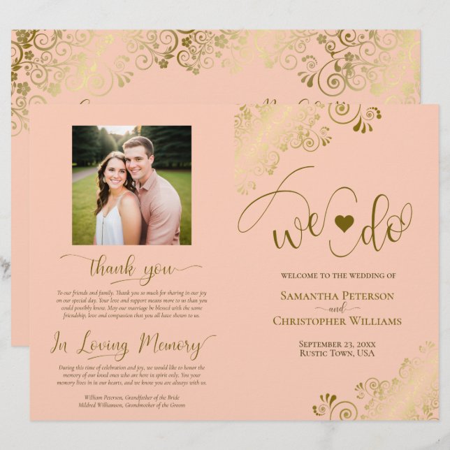 We Do! Coral Peach & Gold DIY Fold Wedding Program (Front/Back)