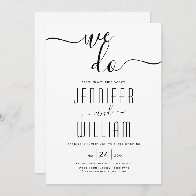 "We do" cursive script calligraphy wedding Invitation (Front/Back)