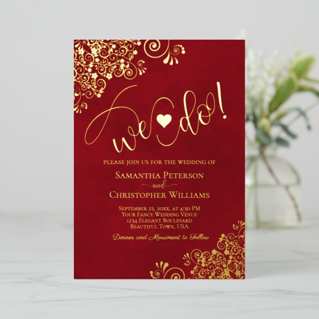 We Do! Cute Modern Wedding Crimson Red & Gold Foil Invitation (Standing Front)