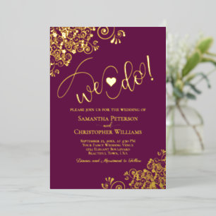 We Do! Cute Modern Wedding Magenta Plum & Gold Foil Invitation