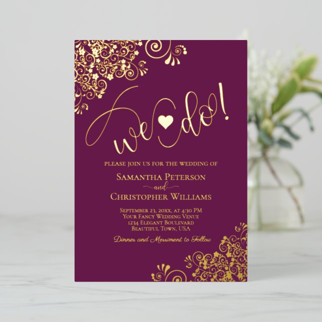 We Do! Cute Modern Wedding Magenta Plum & Gold Foil Invitation (Standing Front)