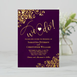 We Do! Cute Modern Wedding Plum Purple & Gold Foil Invitation