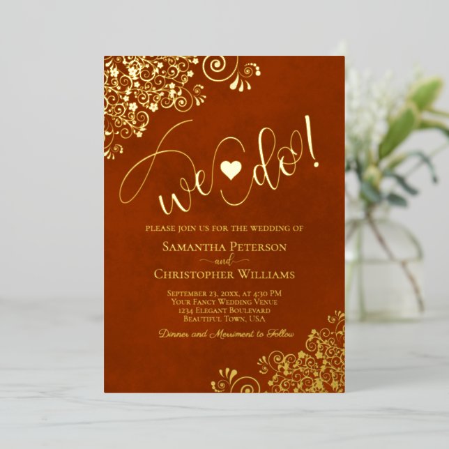 We Do! Cute Modern Wedding Rust Orange & Gold Foil Invitation (Standing Front)