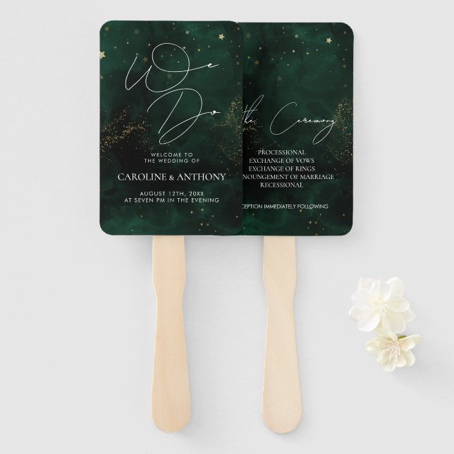 We Do Dark Green Magical Gold Wedding Hand Fan (Front and Back)