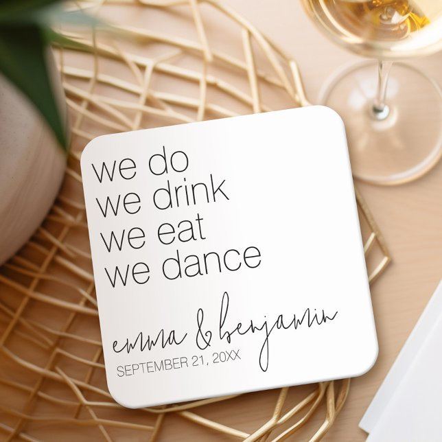 We Do Drink Eat Dance - Modern Wedding Square Paper Coaster (Creator Uploaded)
