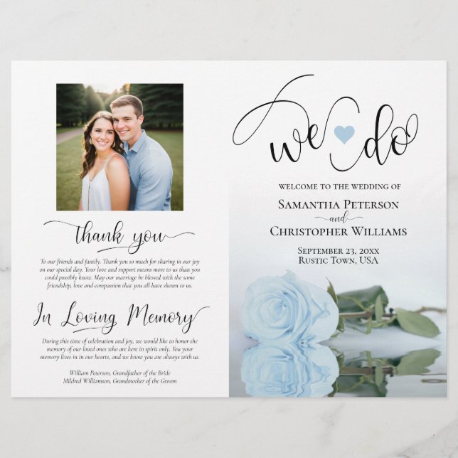 We Do! Dusty Blue Rose DIY Fold Wedding Program (Front)