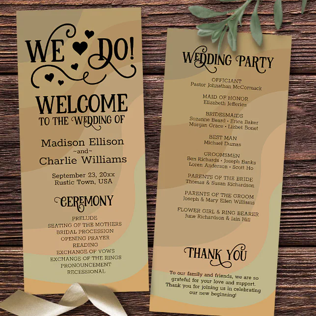 We Do! Earthtone Retro Swirls Cute Fun Wedding Program | Zazzle