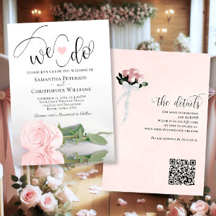 We Do! Elegant Blush Pink Rose QR Code Wedding Invitation