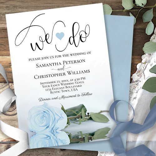 We Do Elegant Dusty Blue Rose Romantic Wedding Invitation
