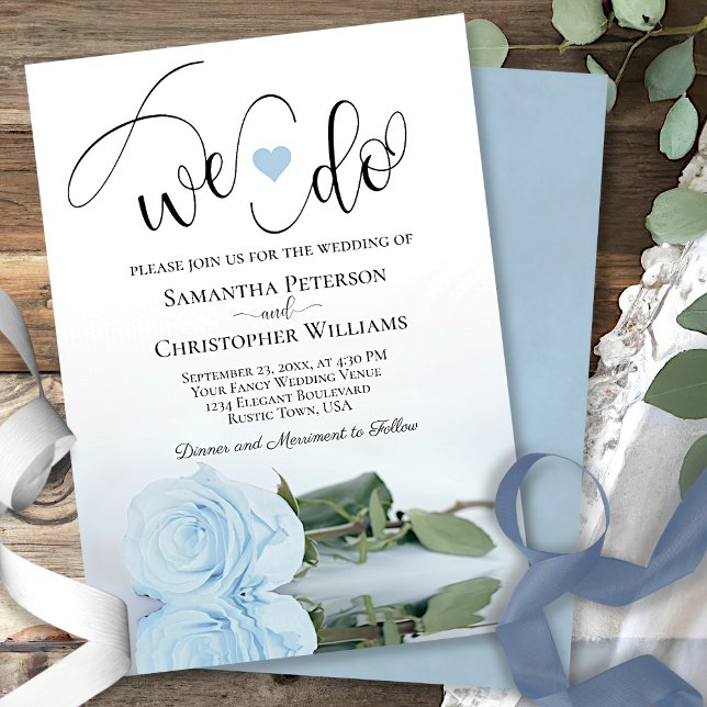 We Do! Elegant Dusty Blue Rose Romantic Wedding Invitation (Creator Uploaded)