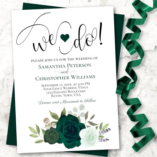 We Do Elegant Emerald Greeen Roses Boho Wedding Invitation