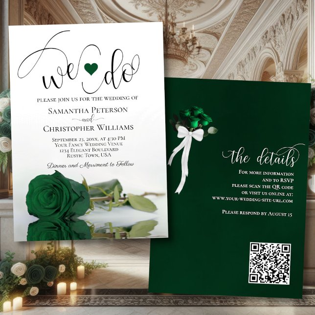 We Do! Elegant Emerald Green Rose QR Code Wedding Invitation (Front/Back)