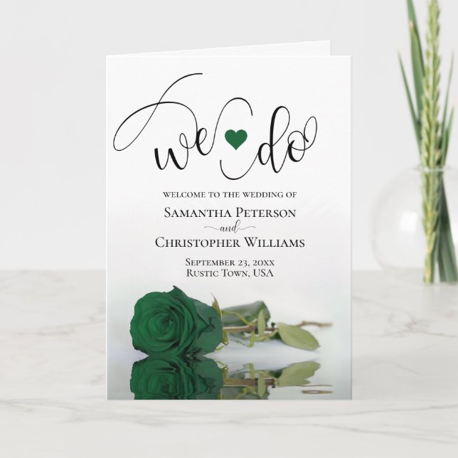 We Do Elegant Emerald Green Rose Wedding Program (Front)