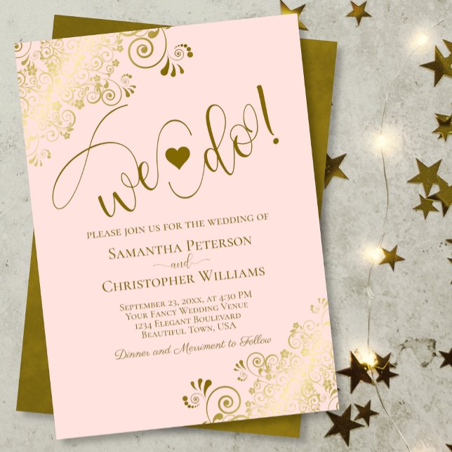 We Do! Elegant Frilly Blush Pink & Gold Wedding Invitation (Creator Uploaded)