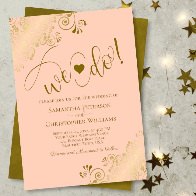 We Do! Elegant Frilly Coral Peach & Gold Wedding Invitation (Creator Uploaded)