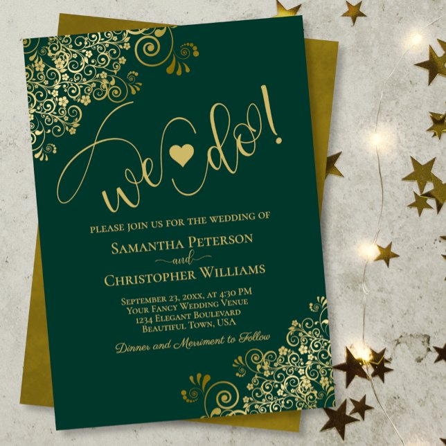 We Do! Elegant Frilly Emerald Green & Gold Wedding Invitation (Creator Uploaded)