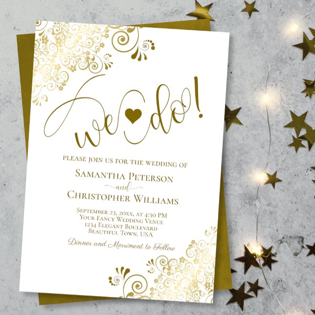 We Do! Elegant Frilly Gold & White Wedding Invitation (Creator Uploaded)