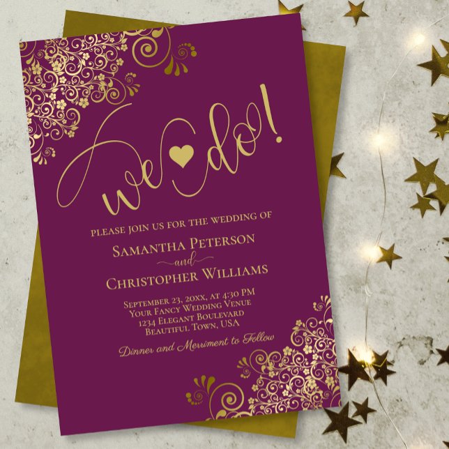 We Do! Elegant Frilly Magenta Berry & Gold Wedding Invitation (Creator Uploaded)