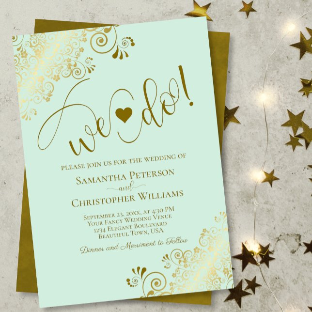 We Do! Elegant Frilly Mint Green & Gold Wedding Invitation (Creator Uploaded)