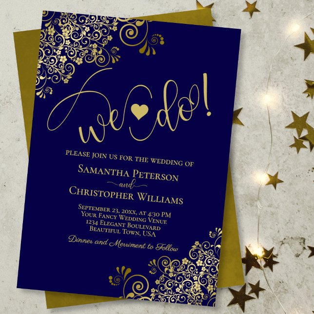 We Do! Elegant Frilly Navy Blue & Gold Wedding Invitation (Front/Back)