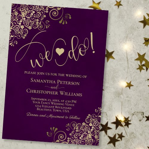 We Do Elegant Frilly Plum Purple  Gold Wedding Invitation