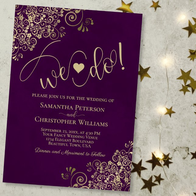 We Do! Elegant Frilly Plum Purple & Gold Wedding Invitation (Creator Uploaded)