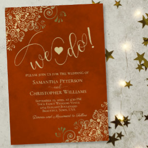 We Do! Elegant Frilly Rust Orange & Gold Wedding Invitation