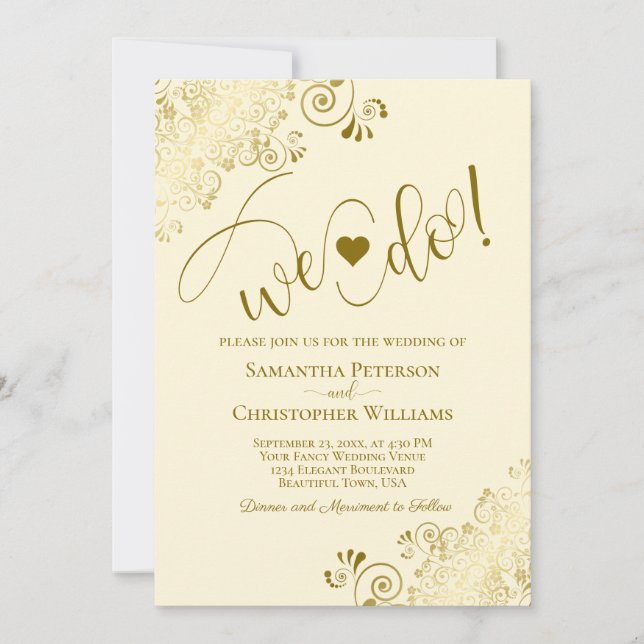 We Do! Elegant Gold & Cream w/ Details Wedding Invitation (Front)