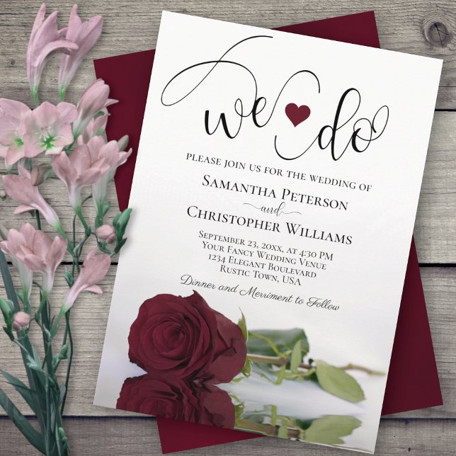 We Do! Elegant Long Stemmed Burgundy Rose Wedding Invitation (Creator Uploaded)