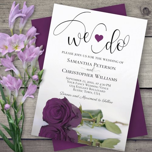 We Do Elegant Plum Purple Rose Romantic Wedding Invitation
