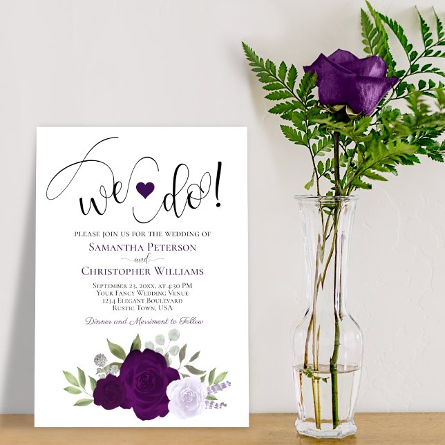 We Do! Elegant Purple Roses Boho Chic Wedding Invitation (Creator Uploaded)