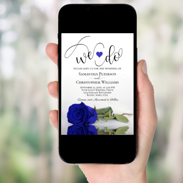 We Do! Elegant Royal Blue Rose QR Code Wedding Invitation (Front Digital)