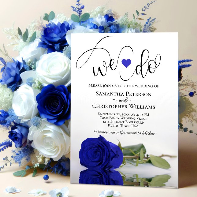 We Do! Elegant Royal Blue Rose Romantic Wedding Invitation (Creator Uploaded)