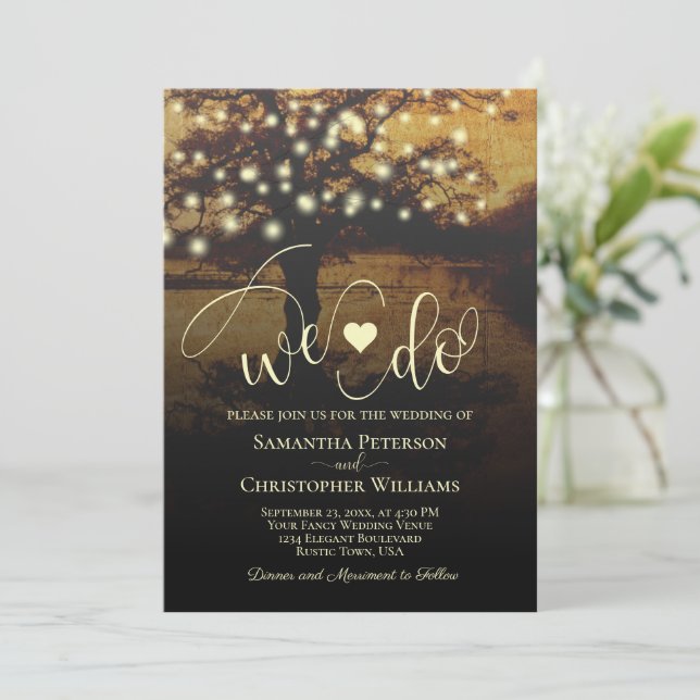 We Do! Elegant Rustic Tree with Lights Wedding Invitation (Standing Front)