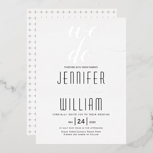 "We do" elegant script calligraphy wedding silver Foil Invitation (Front/Back)