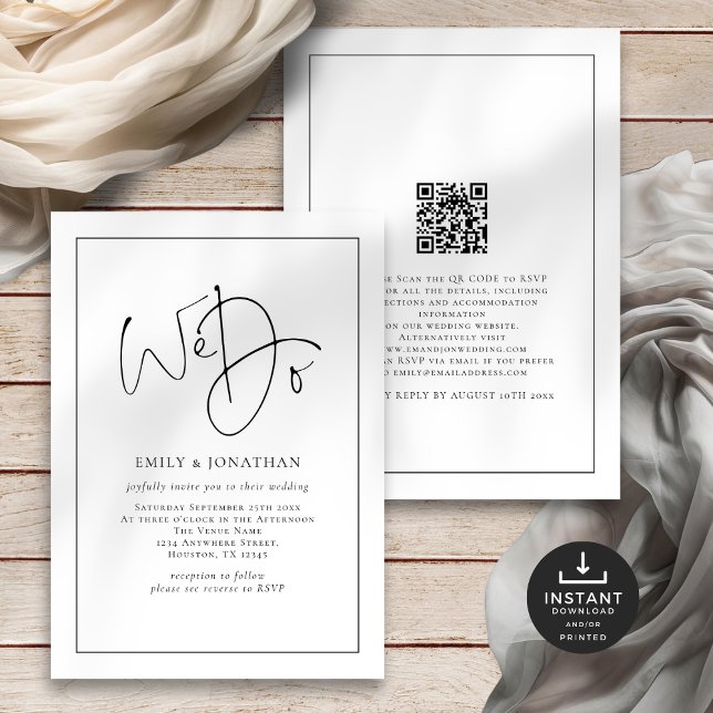 We Do Elegant Script Line Border QR Code Wedding Invitation (Front and back view)