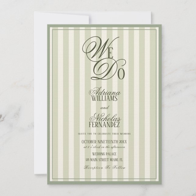 We Do Elegant Striped Ivory Green Wedding Invitation (Front)