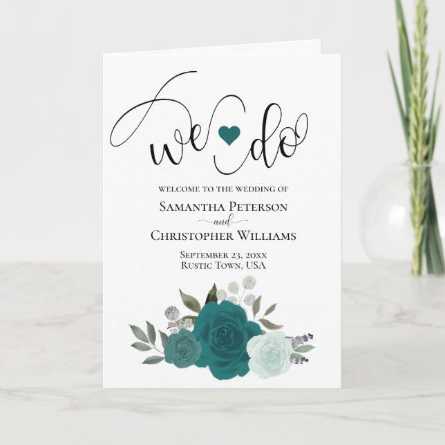 We Do Elegant Teal & Aqua Roses Boho Wedding Program (Front)