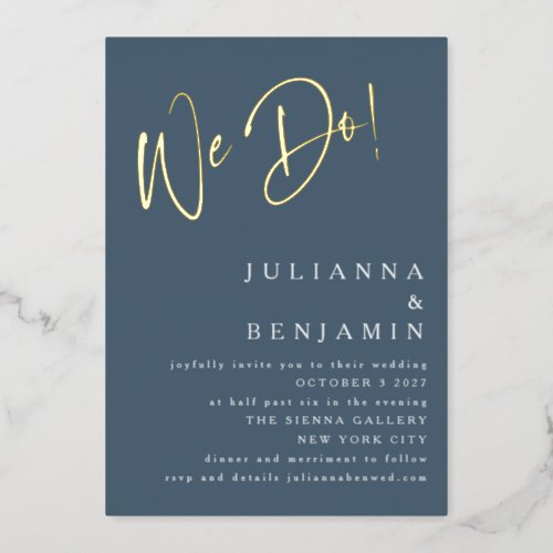 We Do Elegant Wedding Website Dusky Blue Gold Foil Invitation