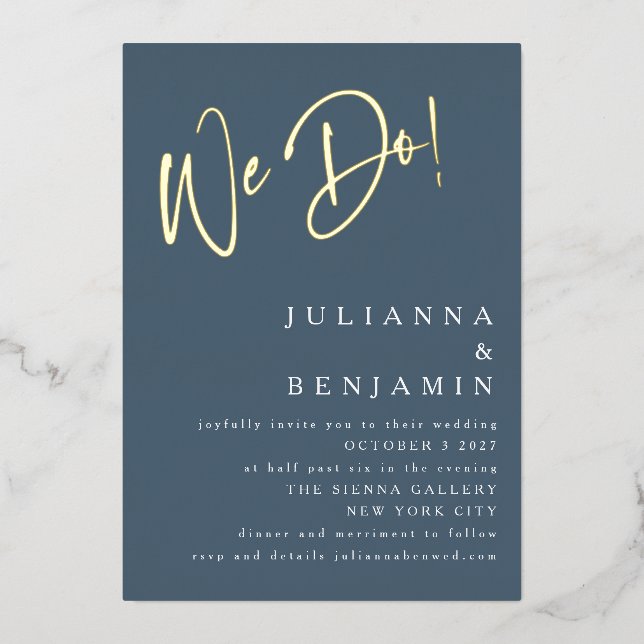 We Do Elegant Wedding Website Dusky Blue Gold Foil Invitation (Front)