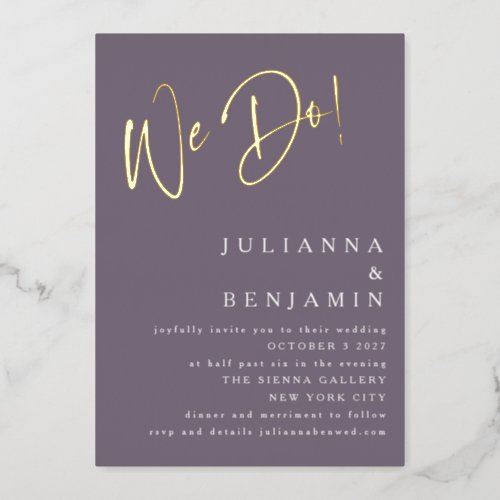 We Do Elegant Wedding Website Dusky Purple Gold Foil Invitation